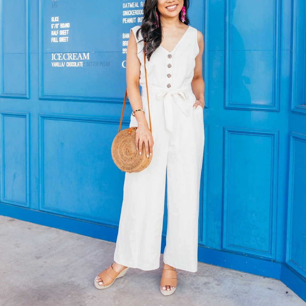 Loft White Linen Jumpshit with Tie Waist size 2